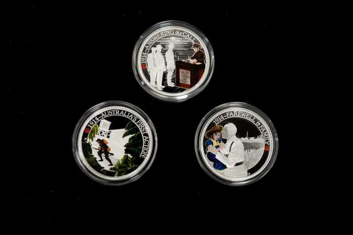The ANZAC Spirit 100th Anniversary 2014 silver proof three-coin set, totalling $1.50, 1.5oz 99.9% pure silver
