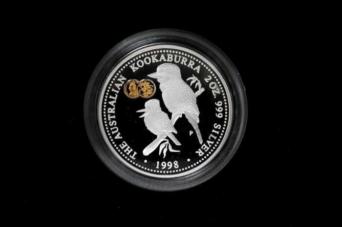 The Australian Kookaburra Jubilee Privy Mark 1998 $2 silver proof coin, 2oz 99.9% pure silver with pure gold insert