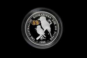 The Australian Kookaburra Jubilee Privy Mark 1998 $2 silver proof coin, 2oz 99.9% pure silver with pure gold insert