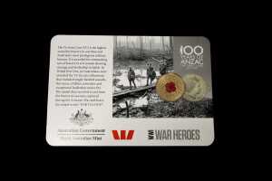 Rare War Heroes Red Poppy coin, 2015 coloured $1 coin on 100 Years of Anzac card.