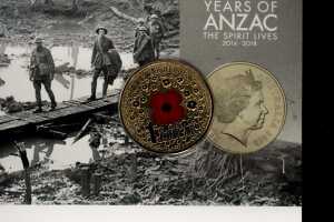 Rare War Heroes Red Poppy coin, 2015 coloured $1 coin on 100 Years of Anzac card. - 2