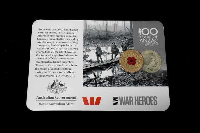 Rare War Heroes Red Poppy coin, 2015 coloured $1 coin on 100 Years of Anzac card