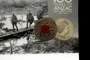 Rare War Heroes Red Poppy coin, 2015 coloured $1 coin on 100 Years of Anzac card - 2