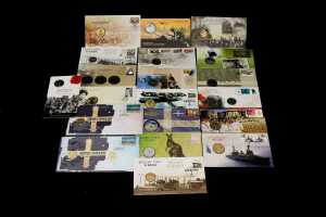 Group of assorted historical and remembrance themed collectable coins and PNCs