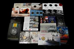 A group of Australian PNCs and coloured $2 coins, Remembrance themes.