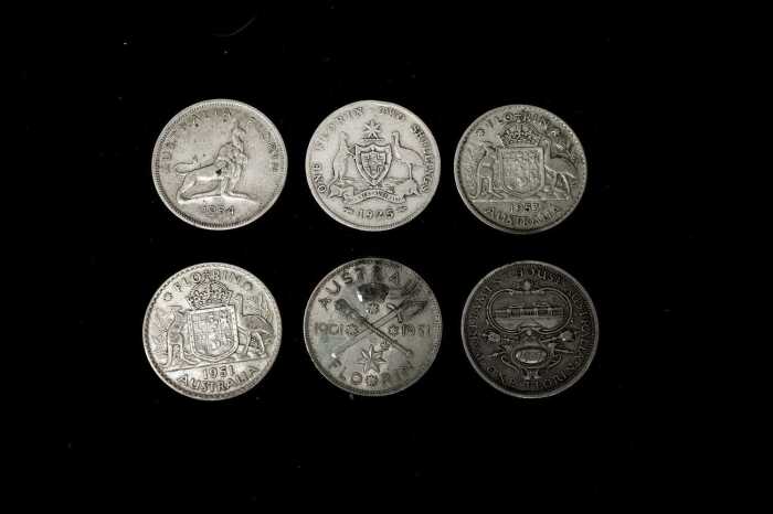 Six Australian pre-decimal silver Florin coins