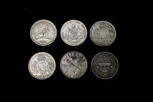 Six Australian pre-decimal silver Florin coins