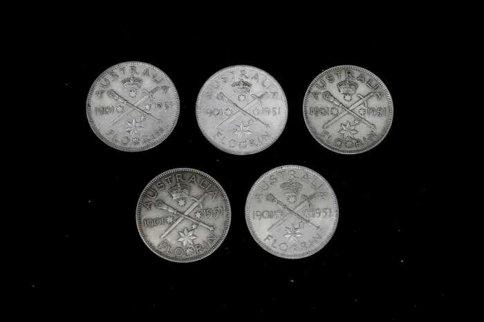 Five 1951 King George VI Jubilee silver Florins