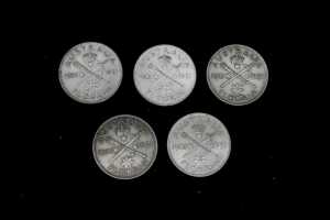 Five 1951 King George VI Jubilee silver Florins
