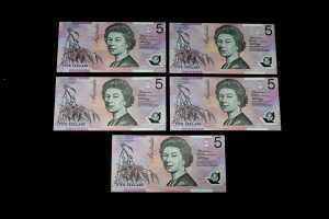 Five early polymer $5 notes - 2