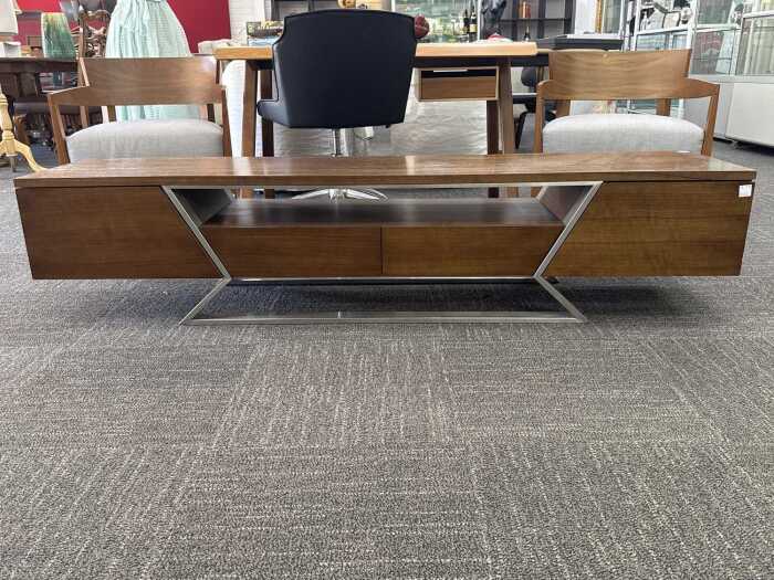 Modern timber entertainment unit with metal base