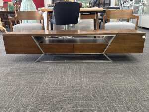Modern timber entertainment unit with metal base