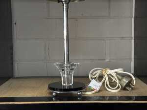 Art Deco table lamp with black and clear glass base and chrome stem. - 2