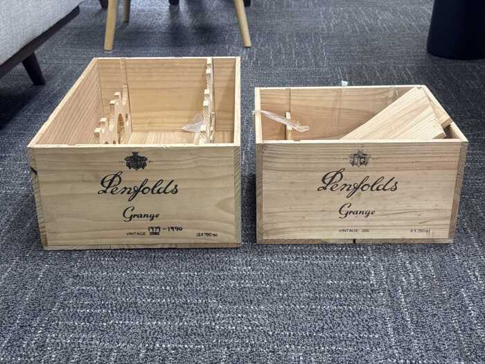 Two Penfolds Grange timber crates