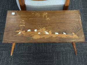 Timber coffee table with intricate inlay elephant and palm tree scenes - 2
