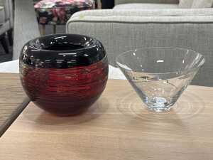 Two art glass vases with applied spun filament decoration