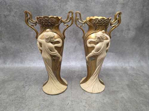 Pair of Art Nouveau-style gold-tone resin twin-handled vases