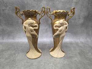 Pair of Art Nouveau-style gold-tone resin twin-handled vases
