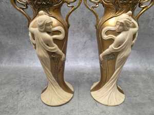 Pair of Art Nouveau-style gold-tone resin twin-handled vases - 2