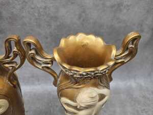 Pair of Art Nouveau-style gold-tone resin twin-handled vases - 4