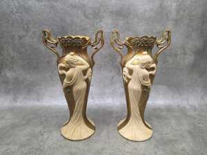 Pair of Art Nouveau-style gold-tone resin twin-handled vases - 5