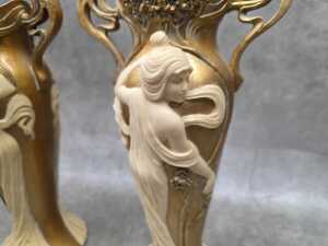 Pair of Art Nouveau-style gold-tone resin twin-handled vases - 6