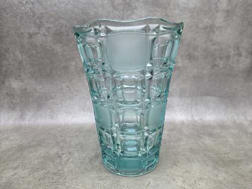 52 · Mid-century pressed glass vase with checkerboard matte panels.