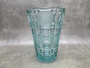 Mid-century pressed glass vase with checkerboard matte panels.