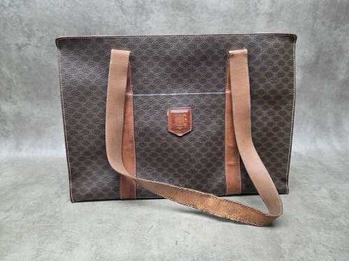 Designer-style brown and tan coated canvas shoulder tote bag