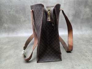 Designer-style brown and tan coated canvas shoulder tote bag - 7
