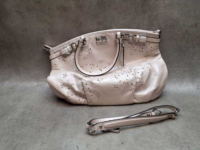 Designer style handbag in mushroom with silver hardware.