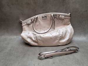 Designer style handbag in mushroom with silver hardware.