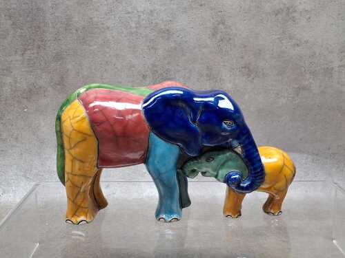 Raku pottery Mother and Baby Elephant