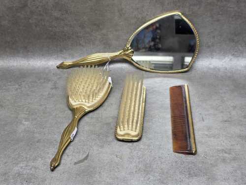 Four-piece vanity set with floral embroidery and satin ribbon design