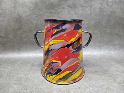 End of Day enamel twin-handled pot with marbled red, yellow and mauve design