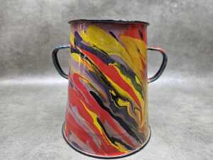 End of Day enamel twin-handled pot with marbled red, yellow and mauve design - 2