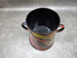 End of Day enamel twin-handled pot with marbled red, yellow and mauve design - 3