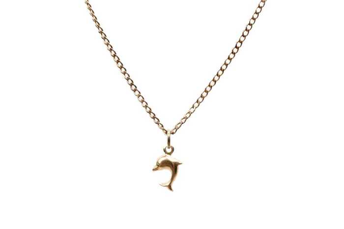 A dolphin pendant on curb link necklace in 9 carat yellow gold