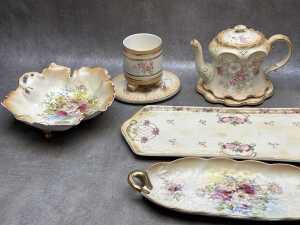 Antique porcelain blush ware including a sweet dish on metal stand - 2
