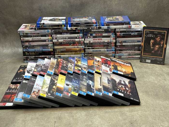 DVDs and Blu-rays, mostly movies, including The Godfather Collection