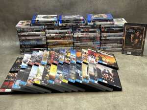 DVDs and Blu-rays, mostly movies, including The Godfather Collection