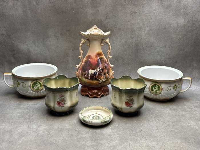 Antique English ceramics including twin-handled vase, pair of planters, pair of Adams chamber pots.