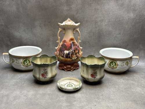 Antique English ceramics including twin-handled vase, pair of planters, pair of Adams chamber pots.