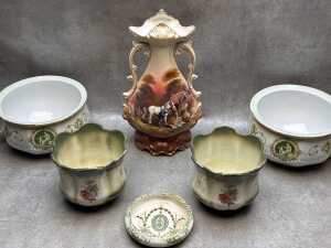 Antique English ceramics including twin-handled vase, pair of planters, pair of Adams chamber pots. - 2