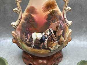 Antique English ceramics including twin-handled vase, pair of planters, pair of Adams chamber pots. - 3