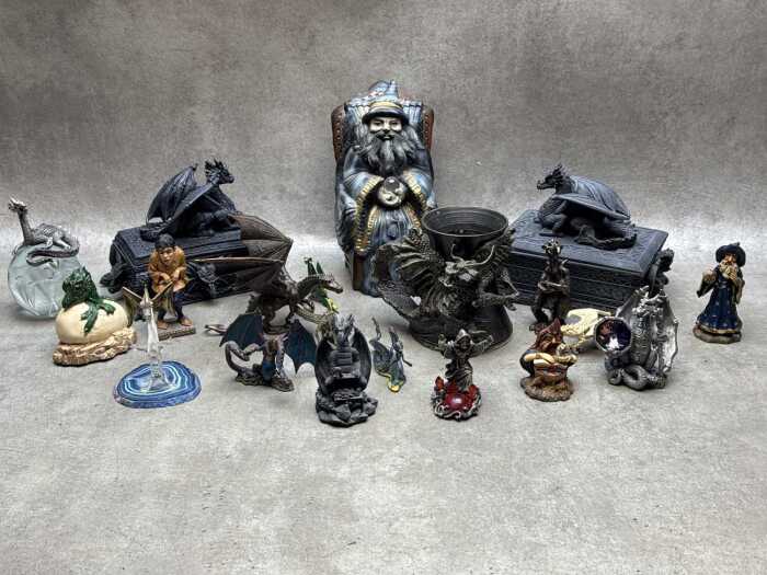 Group of fantasy figures including dragons, wizards, etc.