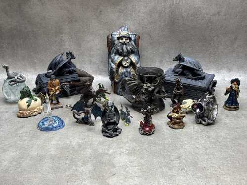 Group of fantasy figures including dragons, wizards, etc.