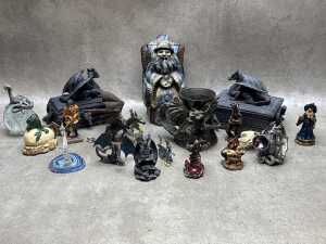 Group of fantasy figures including dragons, wizards, etc.