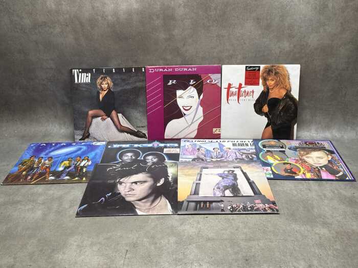 Nine '80s Synthpop and Funk vinyl records