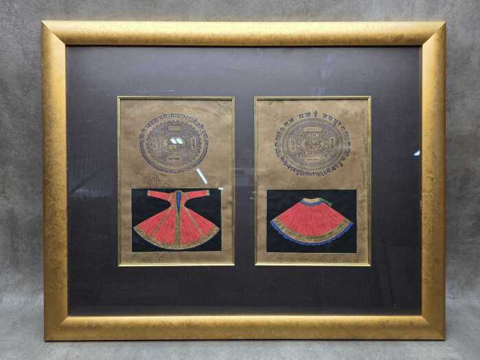 Framed diptych of Jaipuri miniature paintings of traditional garments